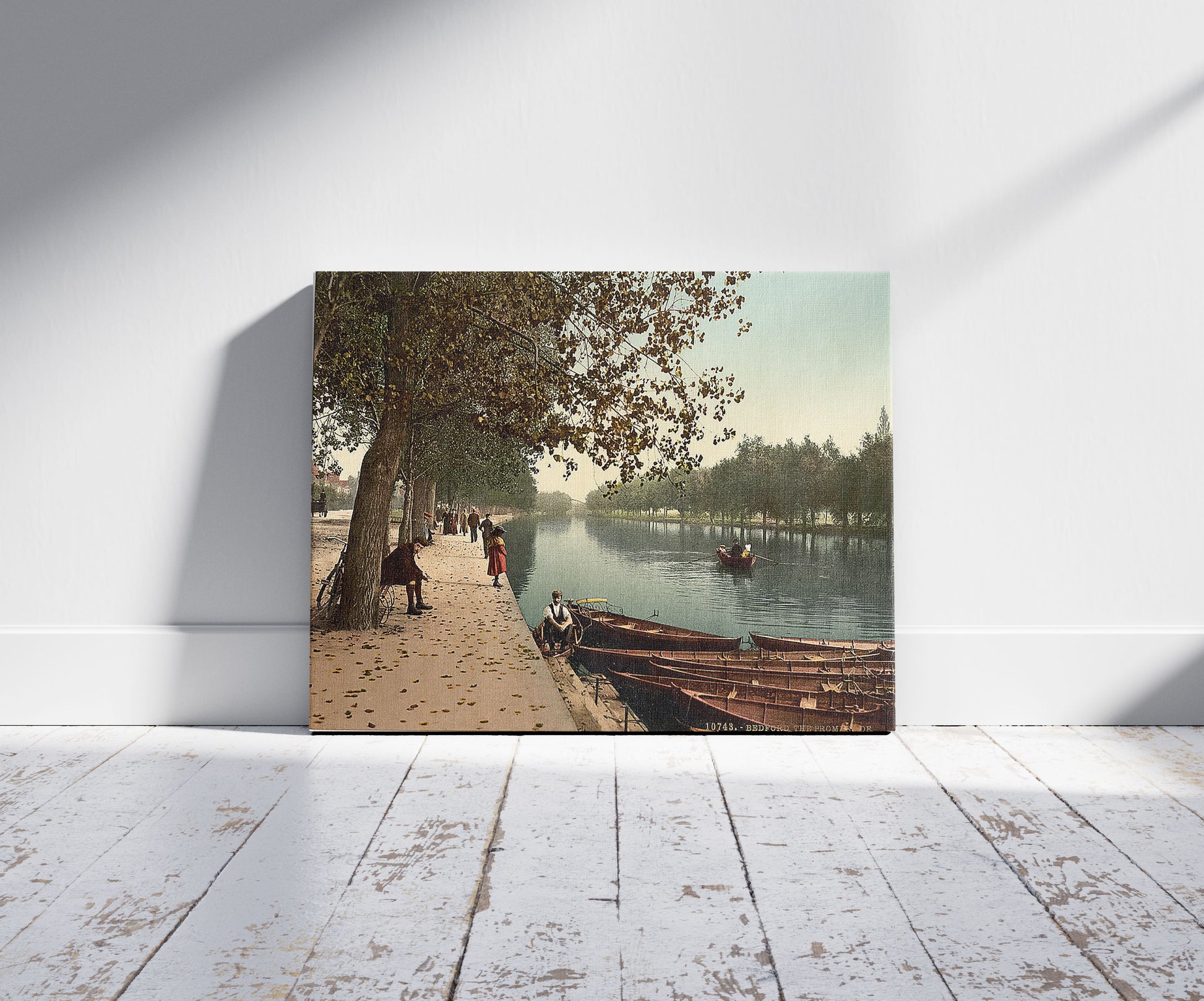 A picture of The Promenade, Bedford, England, a mockup of the print leaning against a wall