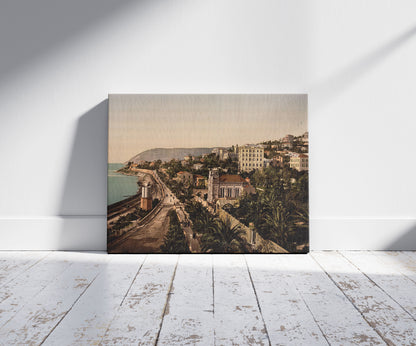 A picture of The promenade, San Remo, Riviera, a mockup of the print leaning against a wall