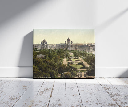 A picture of The public garden, Vienna, Austro-Hungary, a mockup of the print leaning against a wall