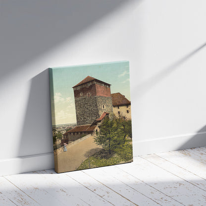 A picture of The Quintagonal tower (i.e. Funfeckiger Turm), Nuremberg, Bavaria, Germany, a mockup of the print leaning against a wall