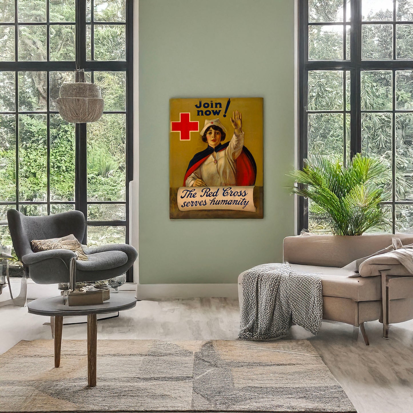 A picture of The Red Cross serves humanity Join now /, a mockup of the print leaning against a wall