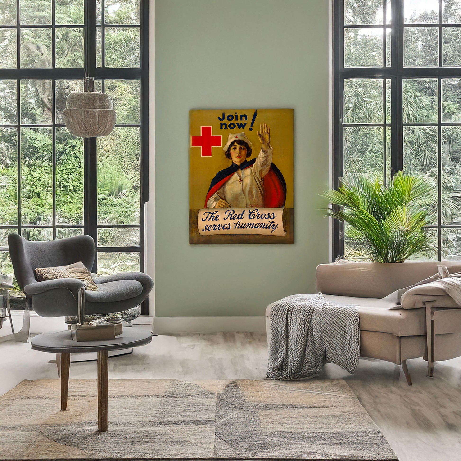 A picture of The Red Cross serves humanity Join now /, a mockup of the print leaning against a wall