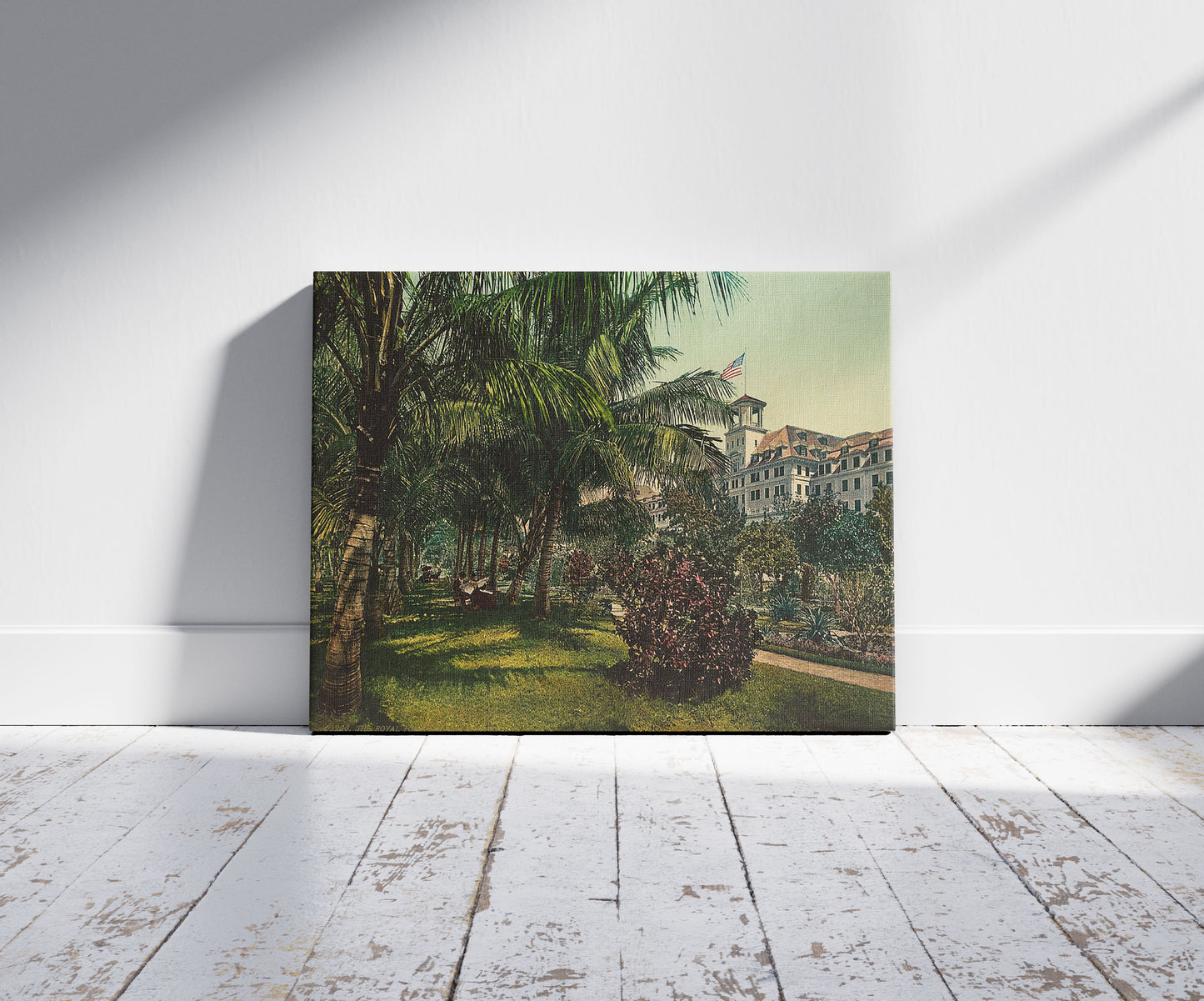 A picture of The Royal Ponciana, Lake Worth, a mockup of the print leaning against a wall