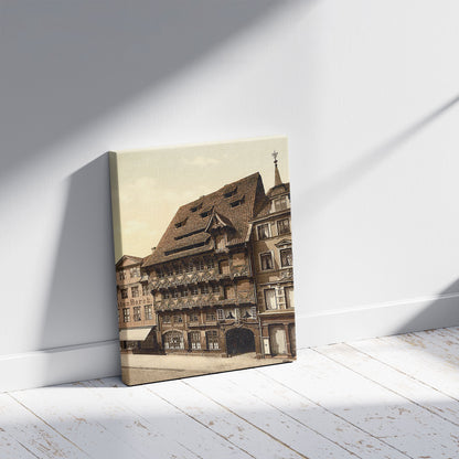 A picture of The Sack House, Brunswick (i.e., Braunschweig), Germany, a mockup of the print leaning against a wall