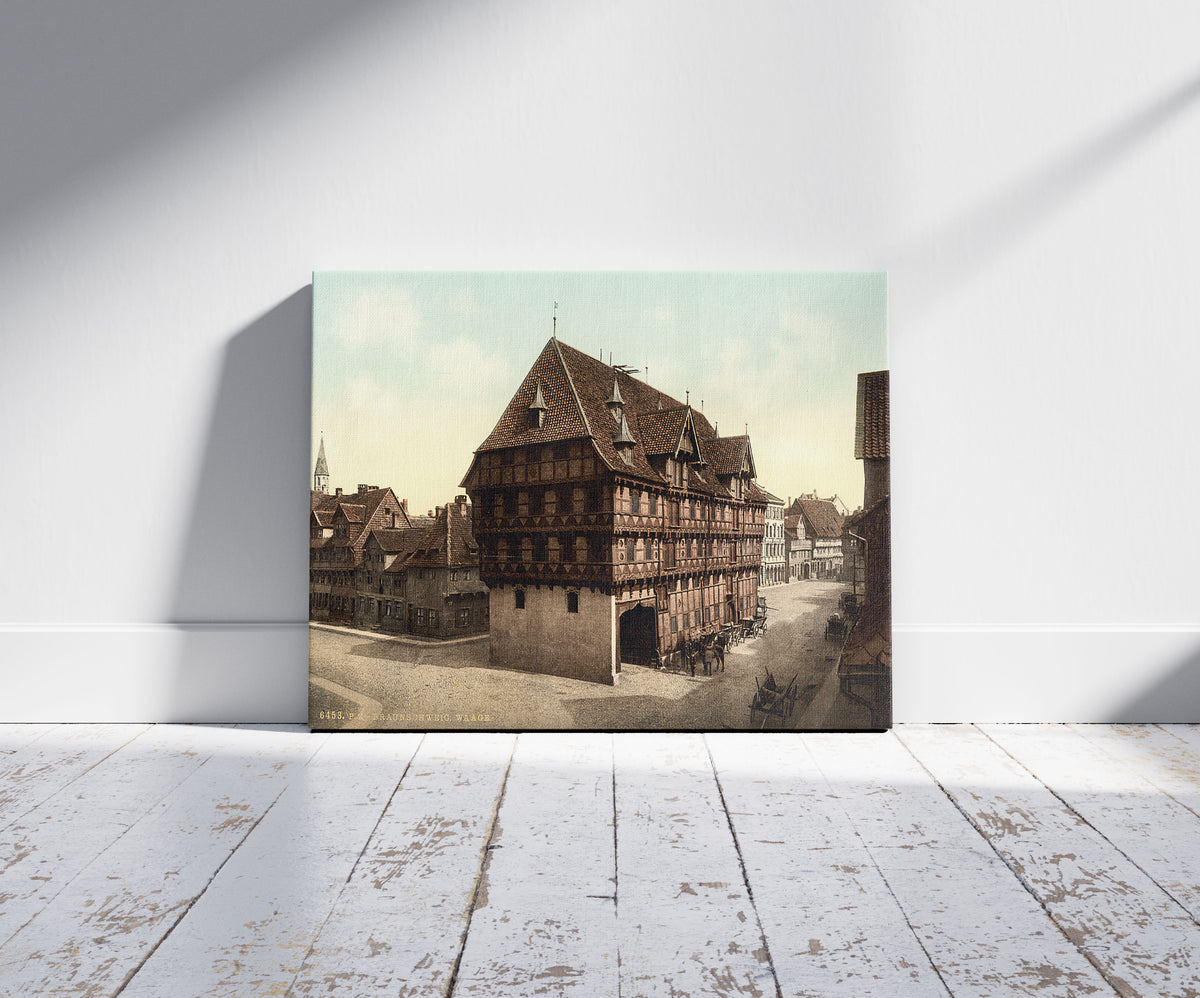 A picture of The scale, Brunswick (i.e., Braunschweig), Germany, a mockup of the print leaning against a wall