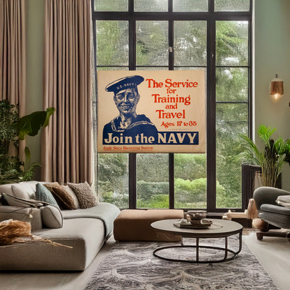 A picture of The service for training and travel - Ages 17 to 35 - Join the Navy - Apply Navy recruiting station, a mockup of the print leaning against a wall