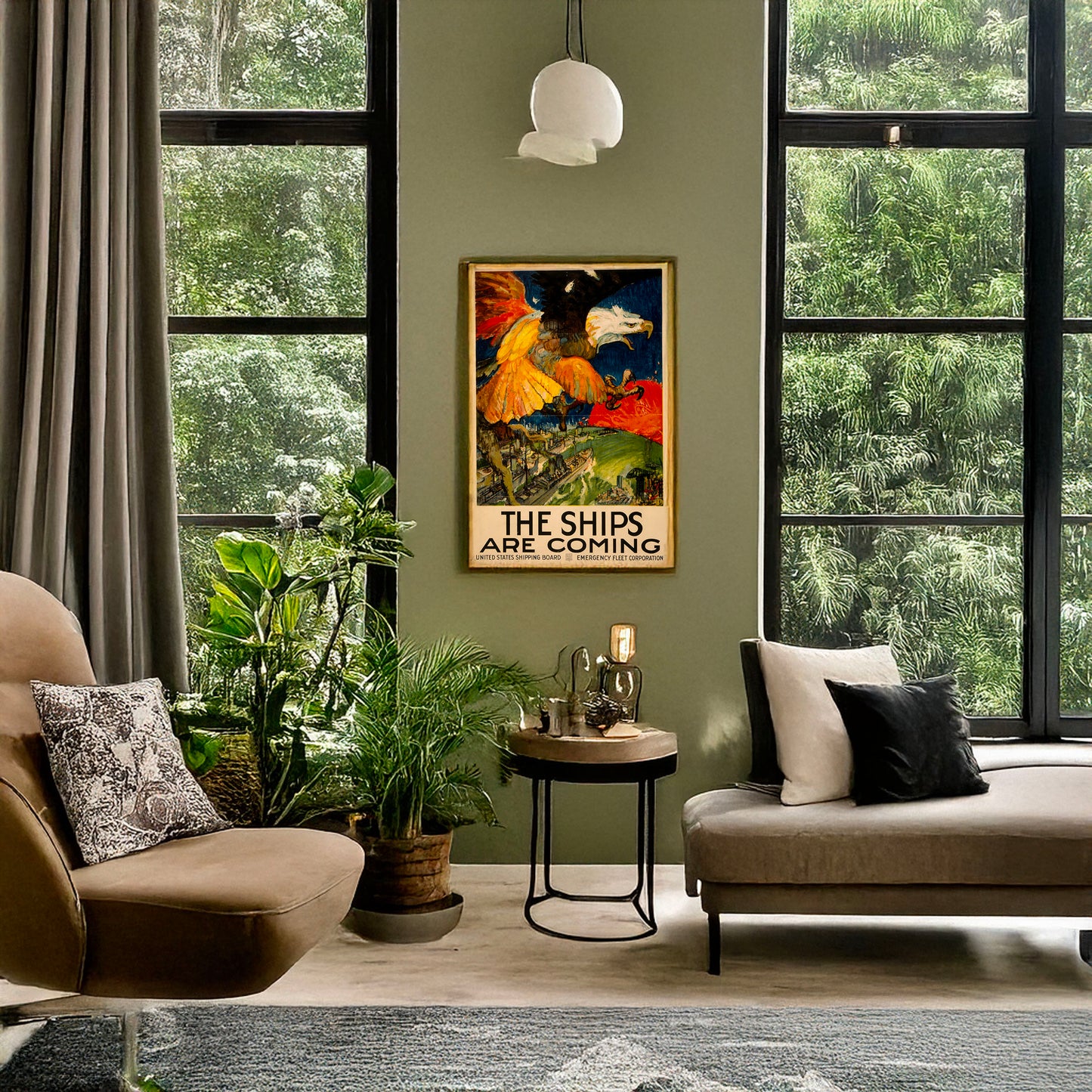A picture of The ships are coming United States Shipping Board, Emergency Fleet Corporation /, a mockup of the print leaning against a wall