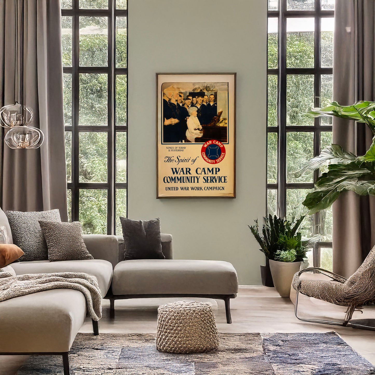 A picture of The spirit of war camp community service, a mockup of the print leaning against a wall