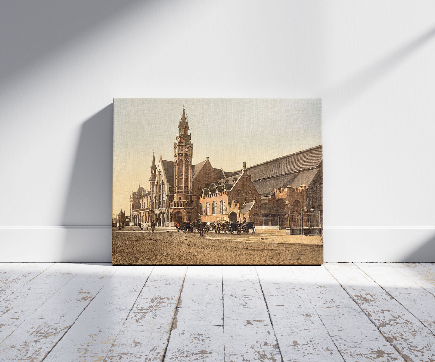 A picture of The station, Bruges, Belgium, a mockup of the print leaning against a wall