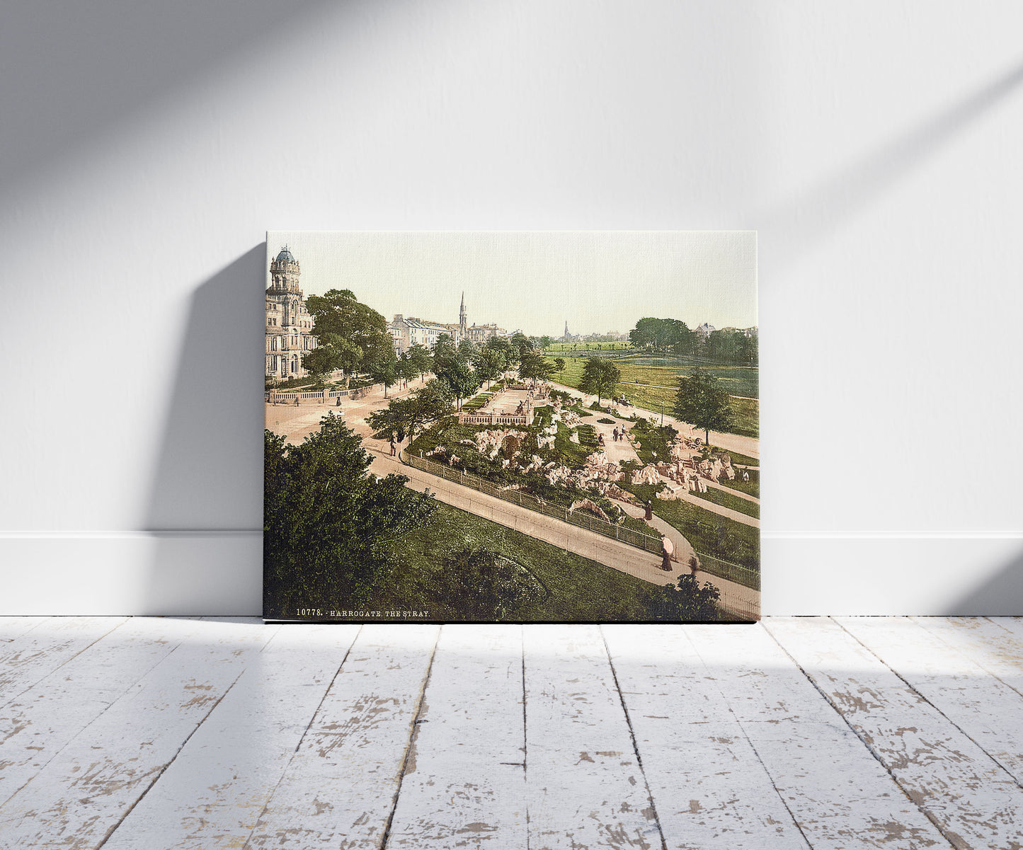 A picture of The Stray, Harrogate, England, a mockup of the print leaning against a wall