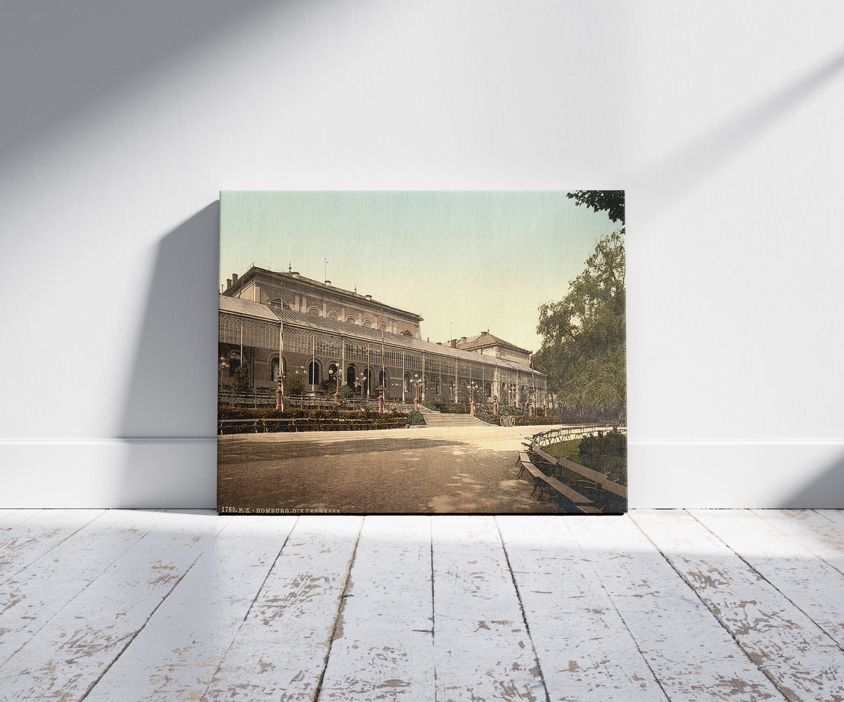 A picture of The Terrace, Homburg (i.e. Bad Homburg vor der Höhe), Hesse-Nassau, Germany, a mockup of the print leaning against a wall