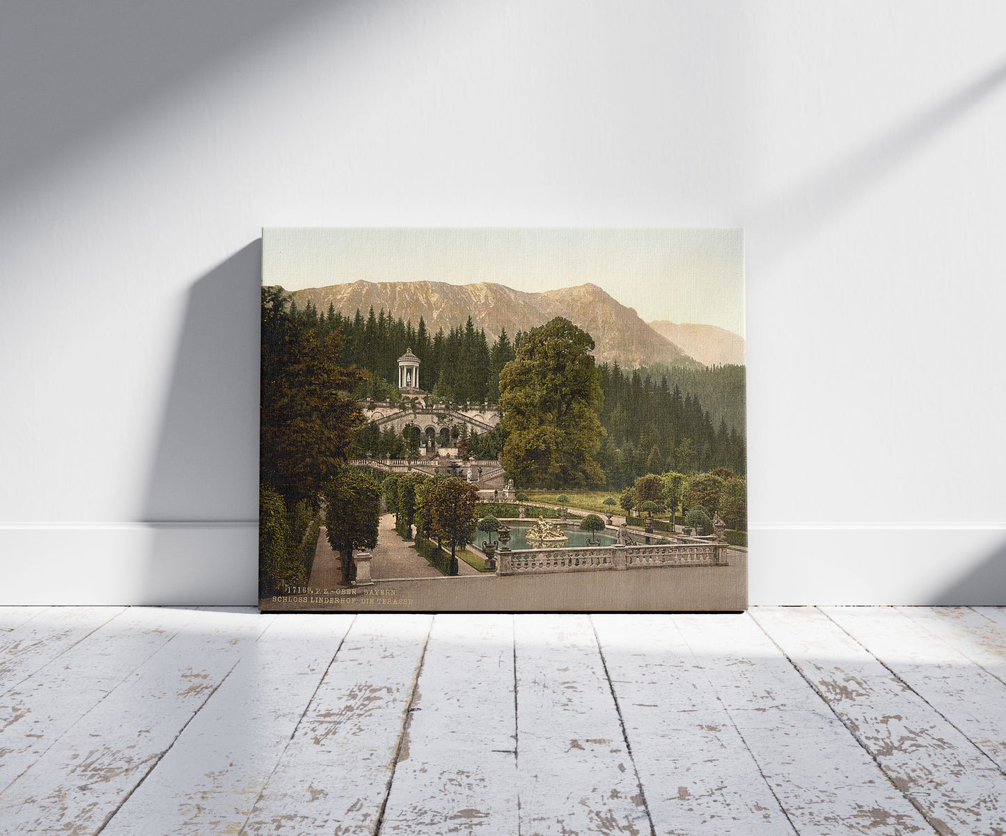 A picture of The terrace, Linderhof Castle, Upper Bavaria, Germany, a mockup of the print leaning against a wall