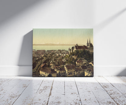 A picture of The town, general view showing the alps, Neuchatel, and the castle, Switzerland, a mockup of the print leaning against a wall