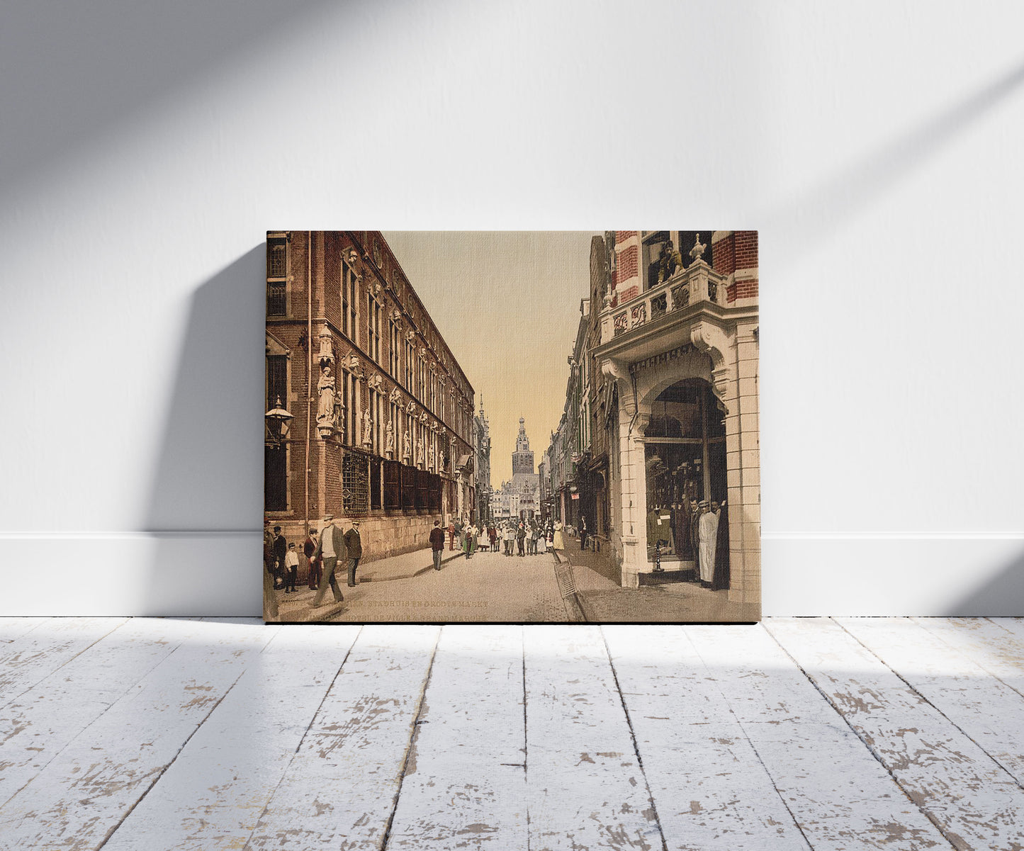 A picture of The town hall and the great market, Nymegen (i.e. Nijmegen), Holland, a mockup of the print leaning against a wall