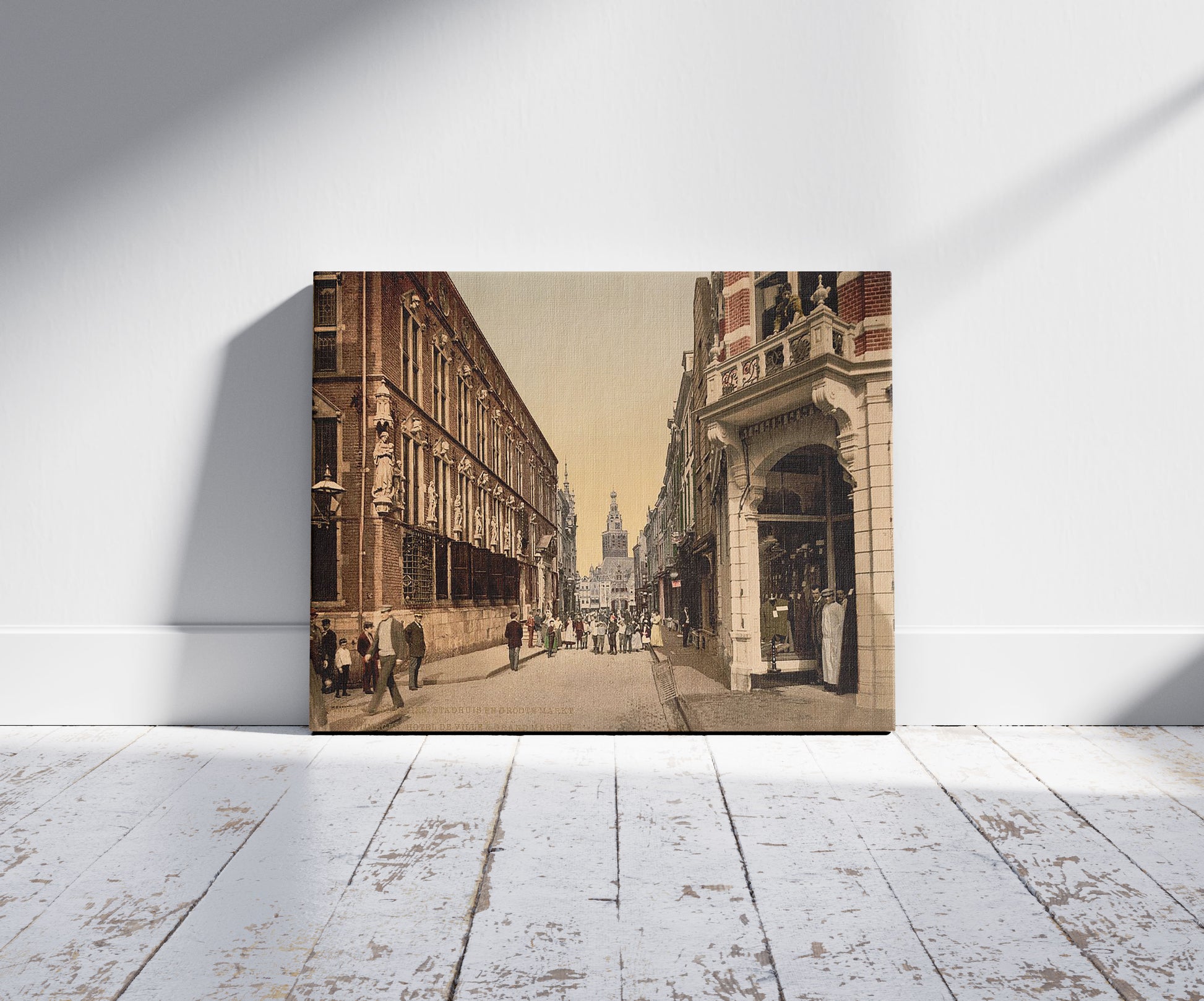 A picture of The town hall and the great market, Nymegen (i.e. Nijmegen), Holland, a mockup of the print leaning against a wall