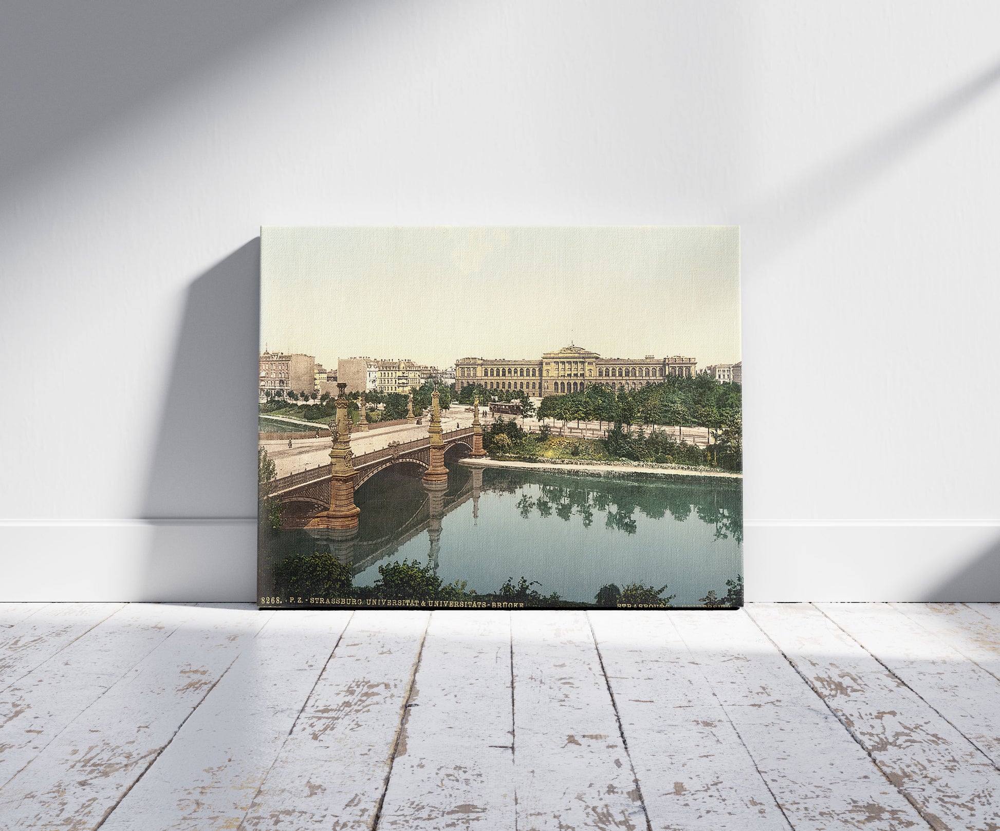 A picture of The University and bridge, Strassburg, Alsace Lorraine, Germany, a mockup of the print leaning against a wall
