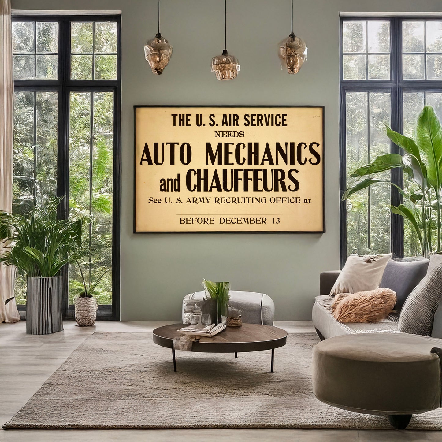 A picture of The U.S. Air Service needs auto mechanics and chauffeurs See U.S. Army recruiting office at blank before December 13., a mockup of the print leaning against a wall
