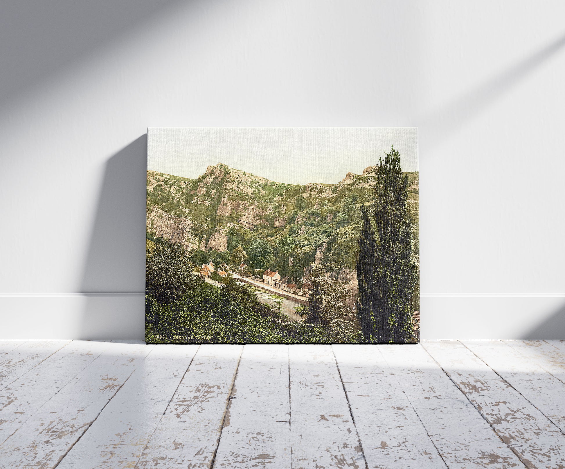 A picture of The Valley, Cheddar, England, a mockup of the print leaning against a wall