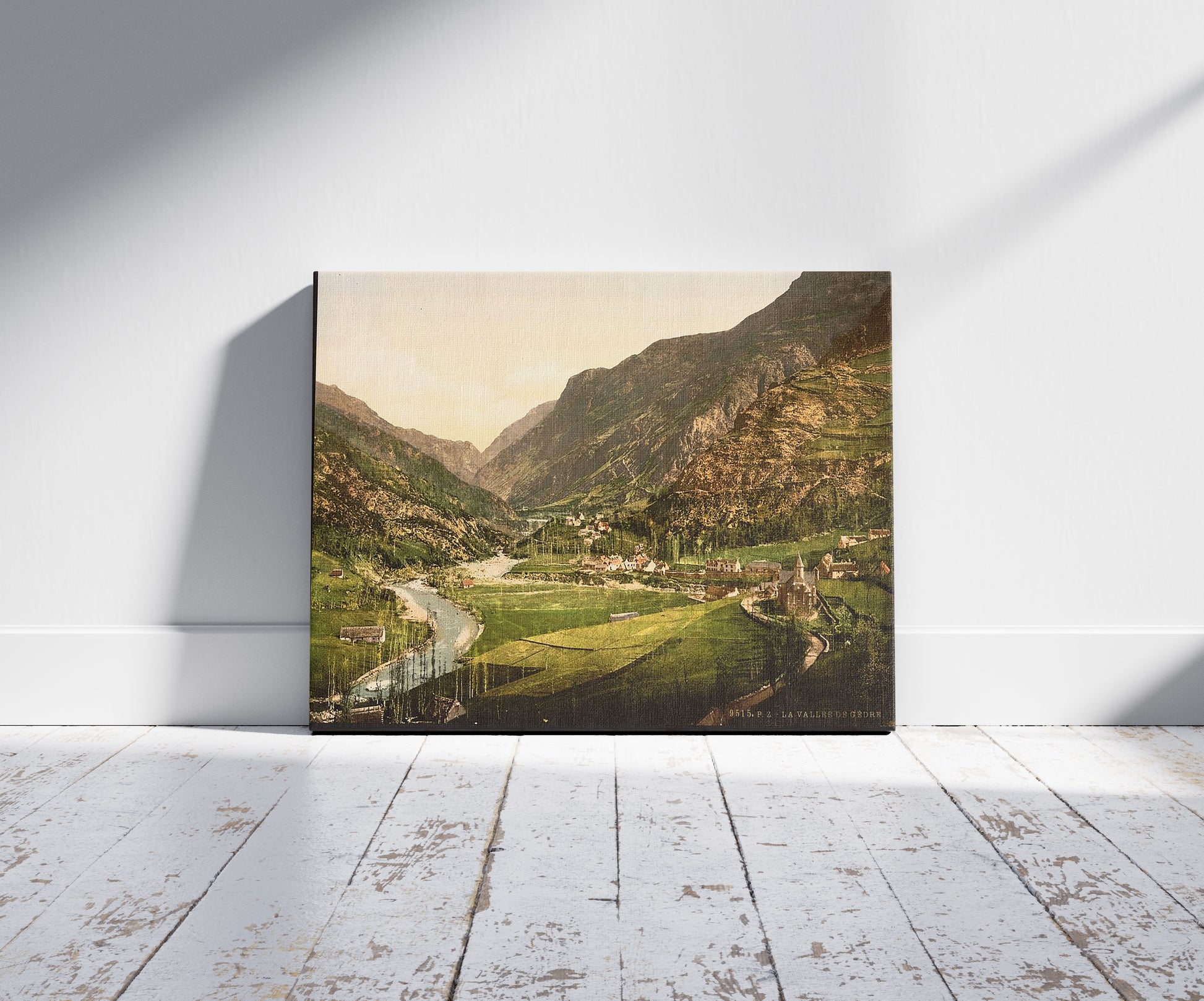 A picture of The valley, Gèdre, Pyrenees, France, a mockup of the print leaning against a wall