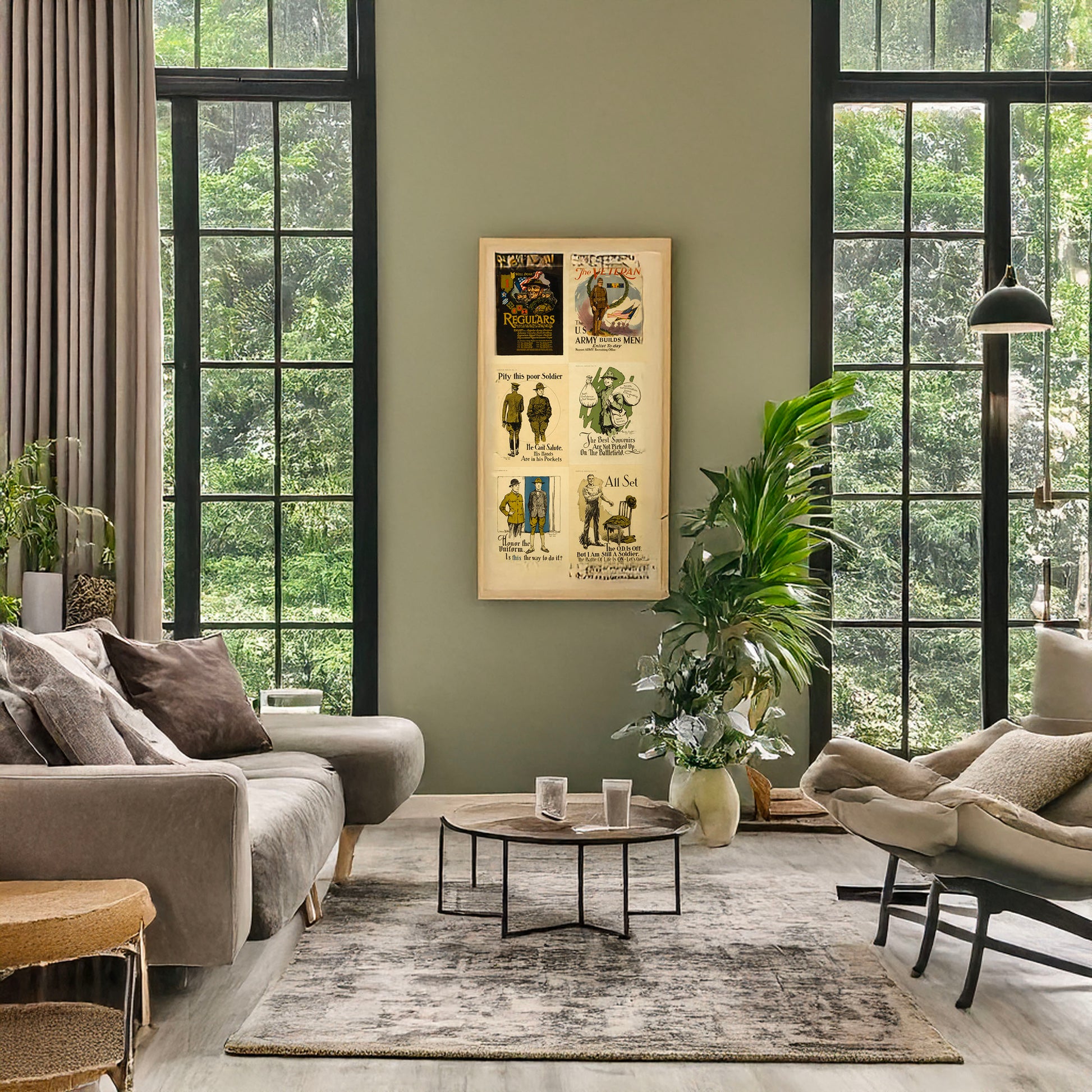 A picture of The veteran. The U.S. Army builds men, enlist to-day, a mockup of the print leaning against a wall