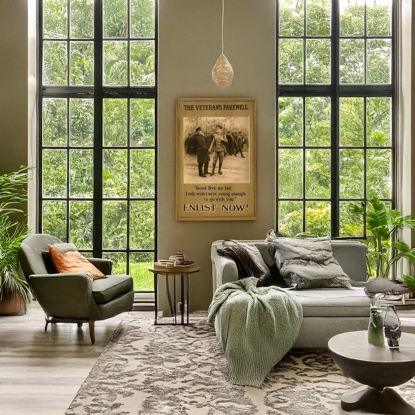 A picture of The veteran's farewell. Enlist now!, a mockup of the print leaning against a wall
