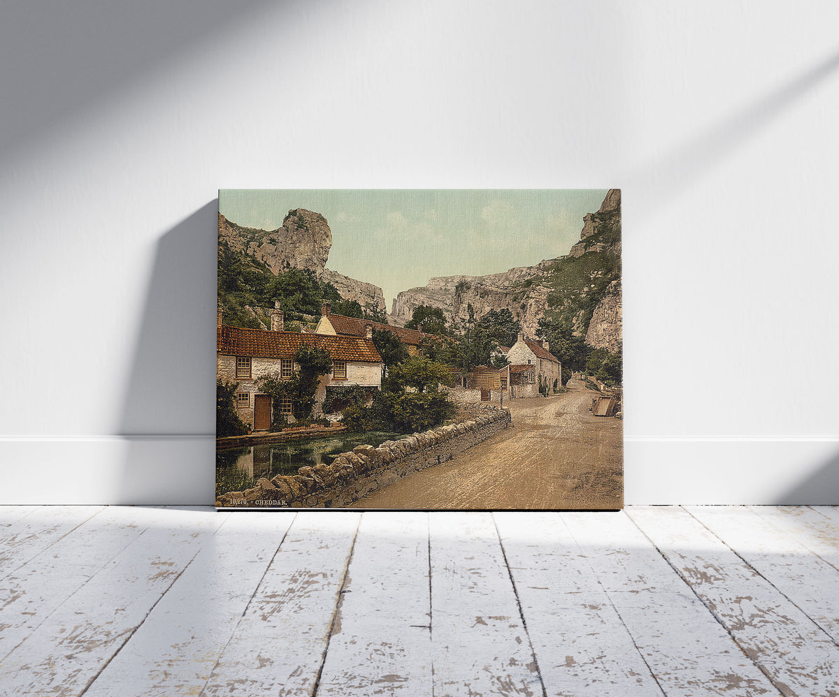 A picture of The village and Lion Rock, Cheddar, England, a mockup of the print leaning against a wall