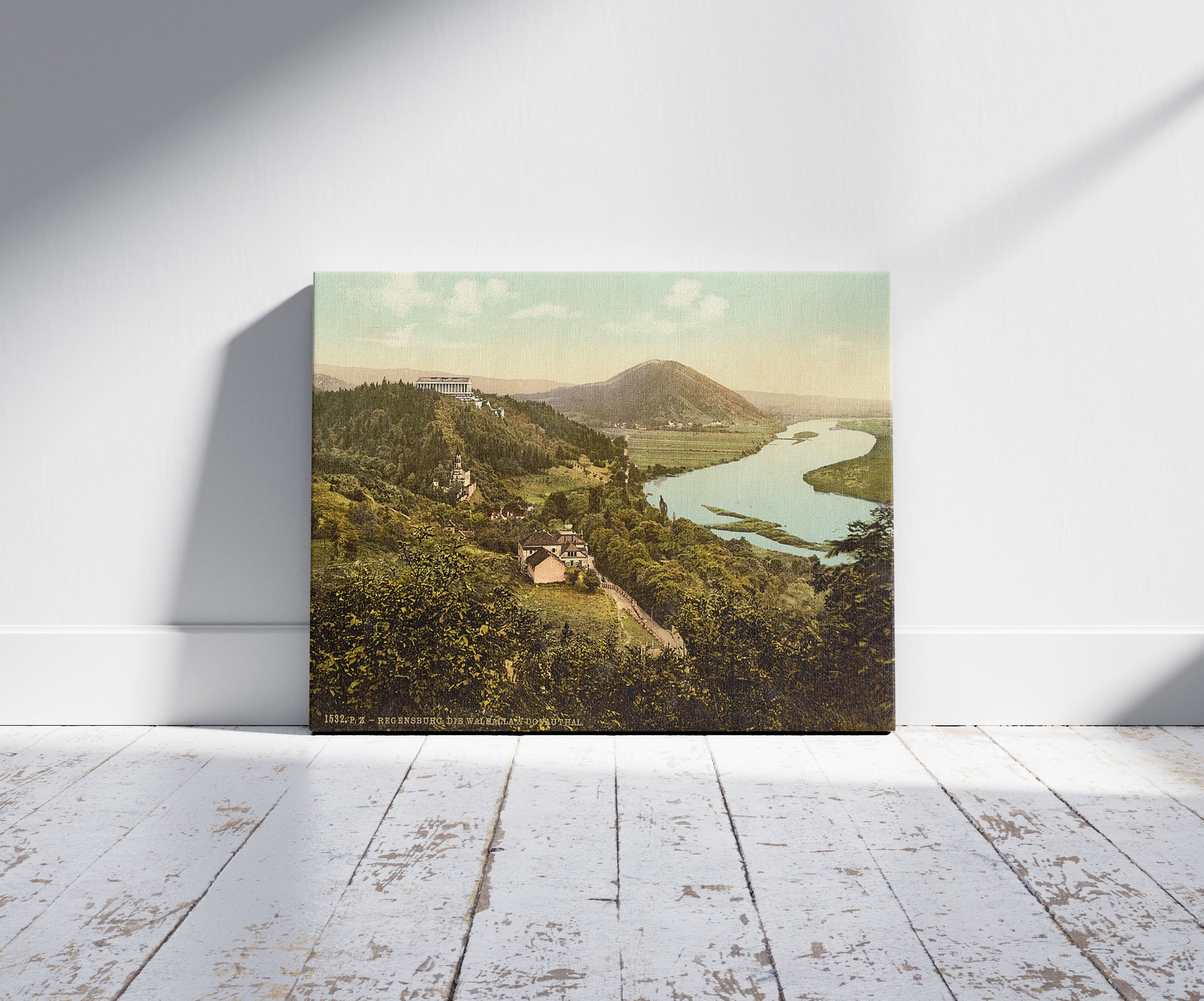 A picture of The Walhalla with view in the Danube Valley, Ratisbon (Regensburg), Bavaria, Germany, a mockup of the print leaning against a wall