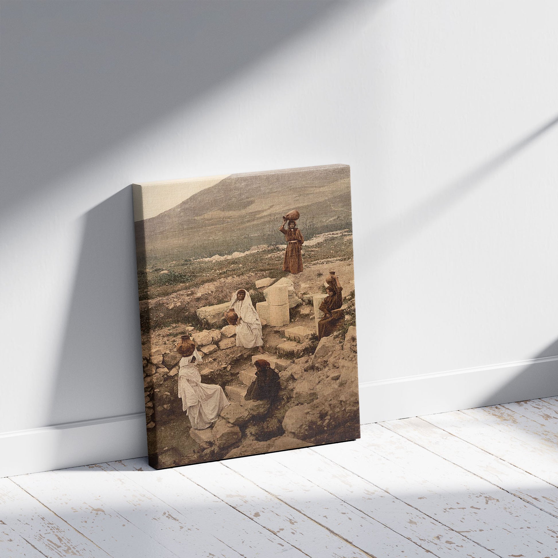 A picture of The well of the samaritan (Shechem), Napulus, Holy Land, (i.e., Nablus, West Bank), a mockup of the print leaning against a wall