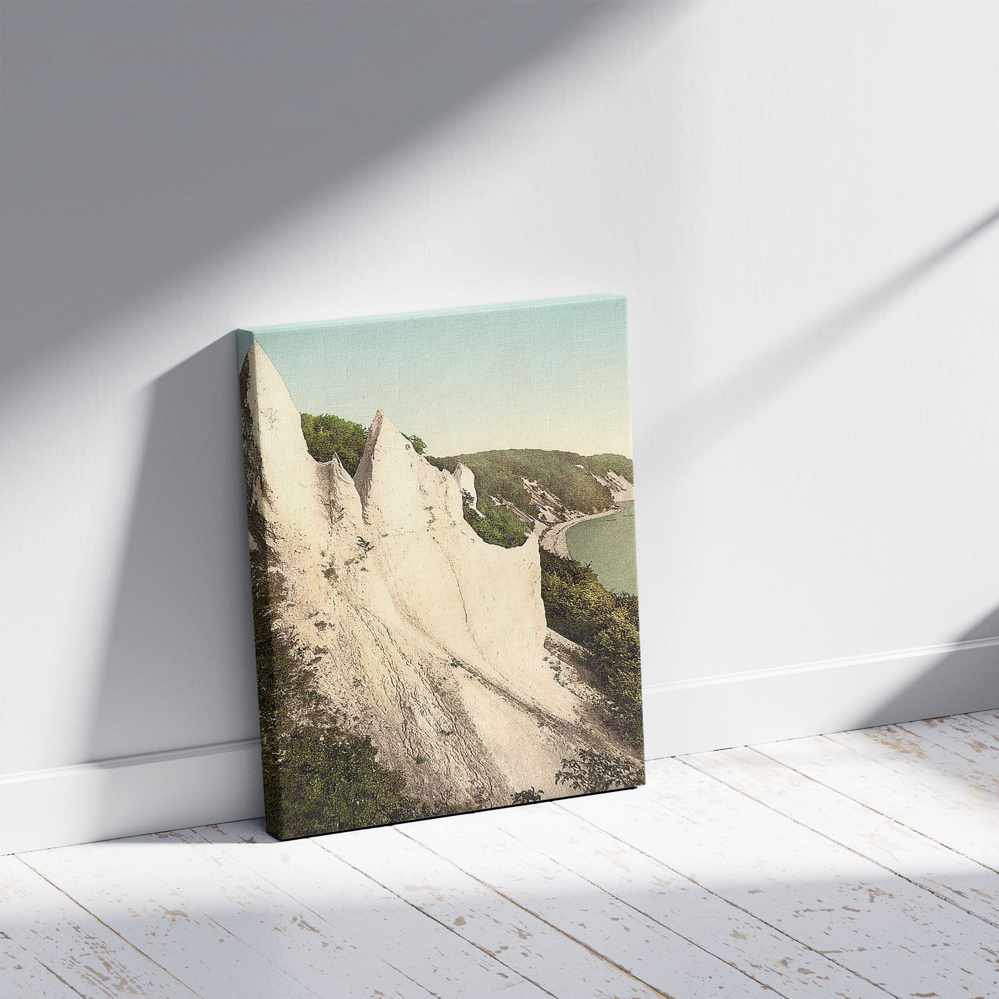 A picture of The Wissower Klinken, seen from the west, Isle of Rugen, Germany, a mockup of the print leaning against a wall