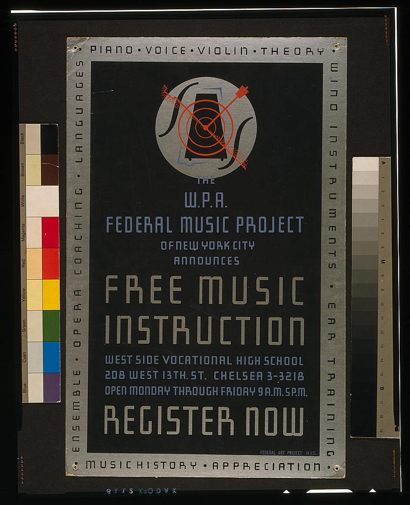 A picture of The W.P.A. Federal Music Project of New York City announces free music instruction - register now