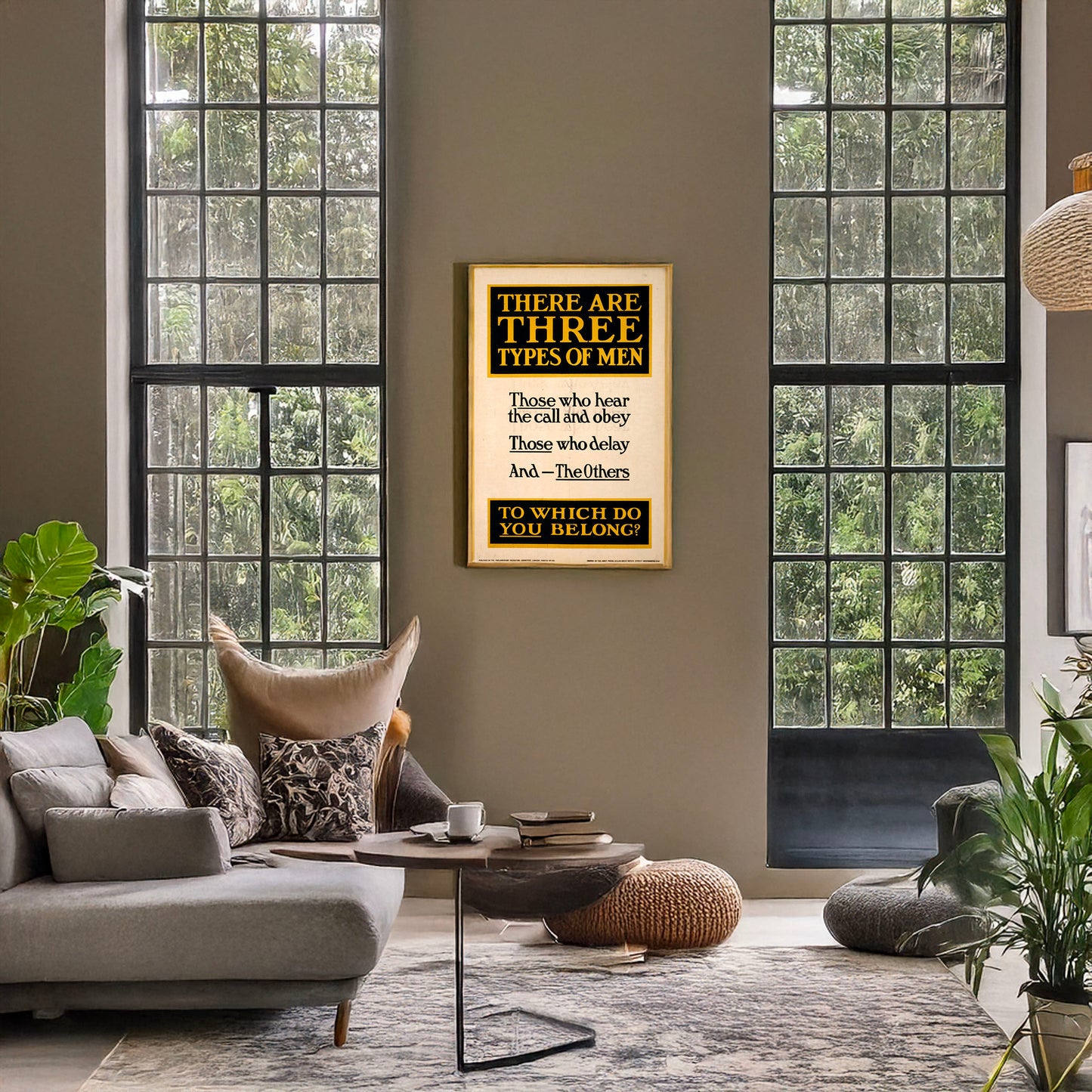 A picture of There are three types of men. Those who hear the call and obey, those who delay, and - the others. To which do you belong?, a mockup of the print leaning against a wall