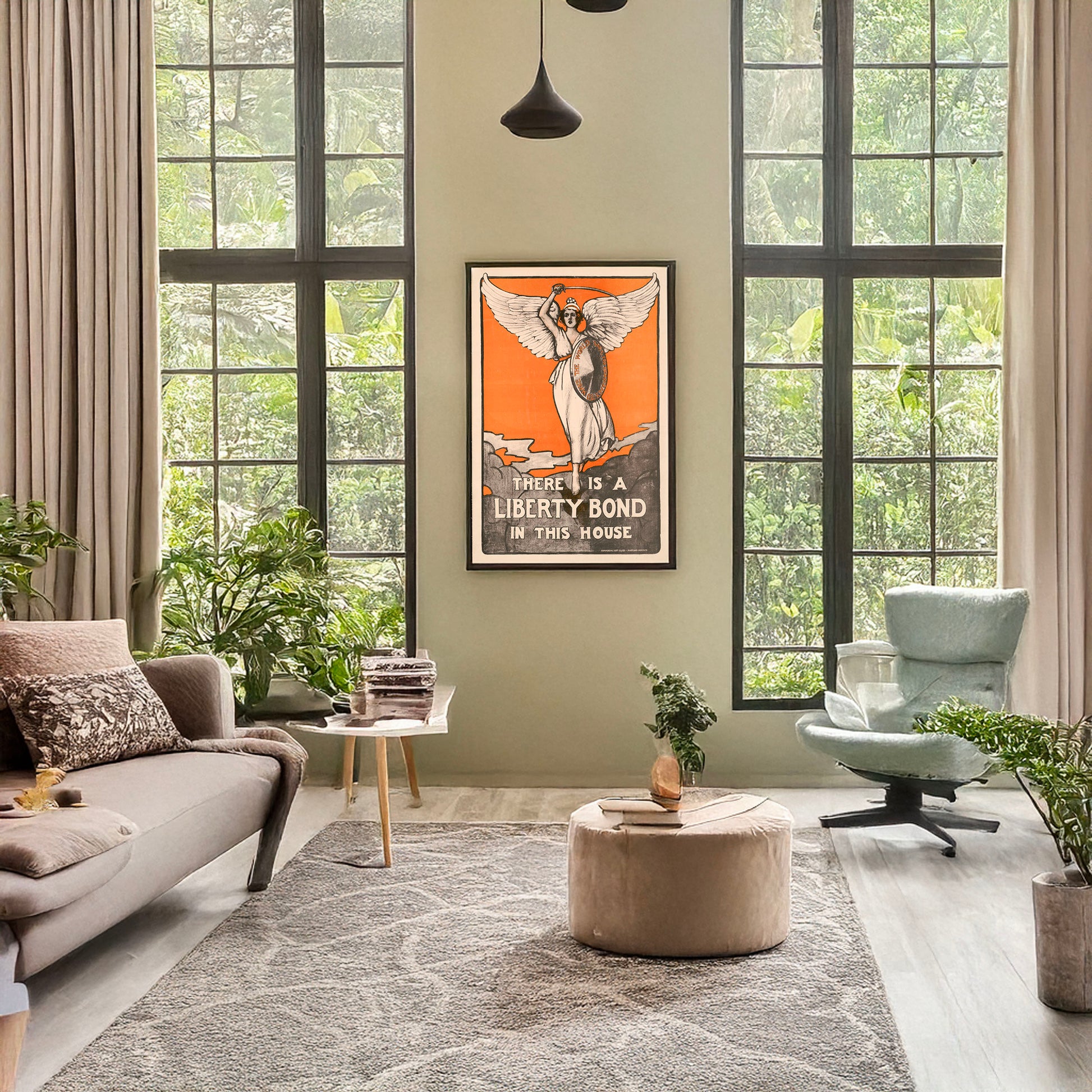 A picture of There is a Liberty Bond in this house, a mockup of the print leaning against a wall