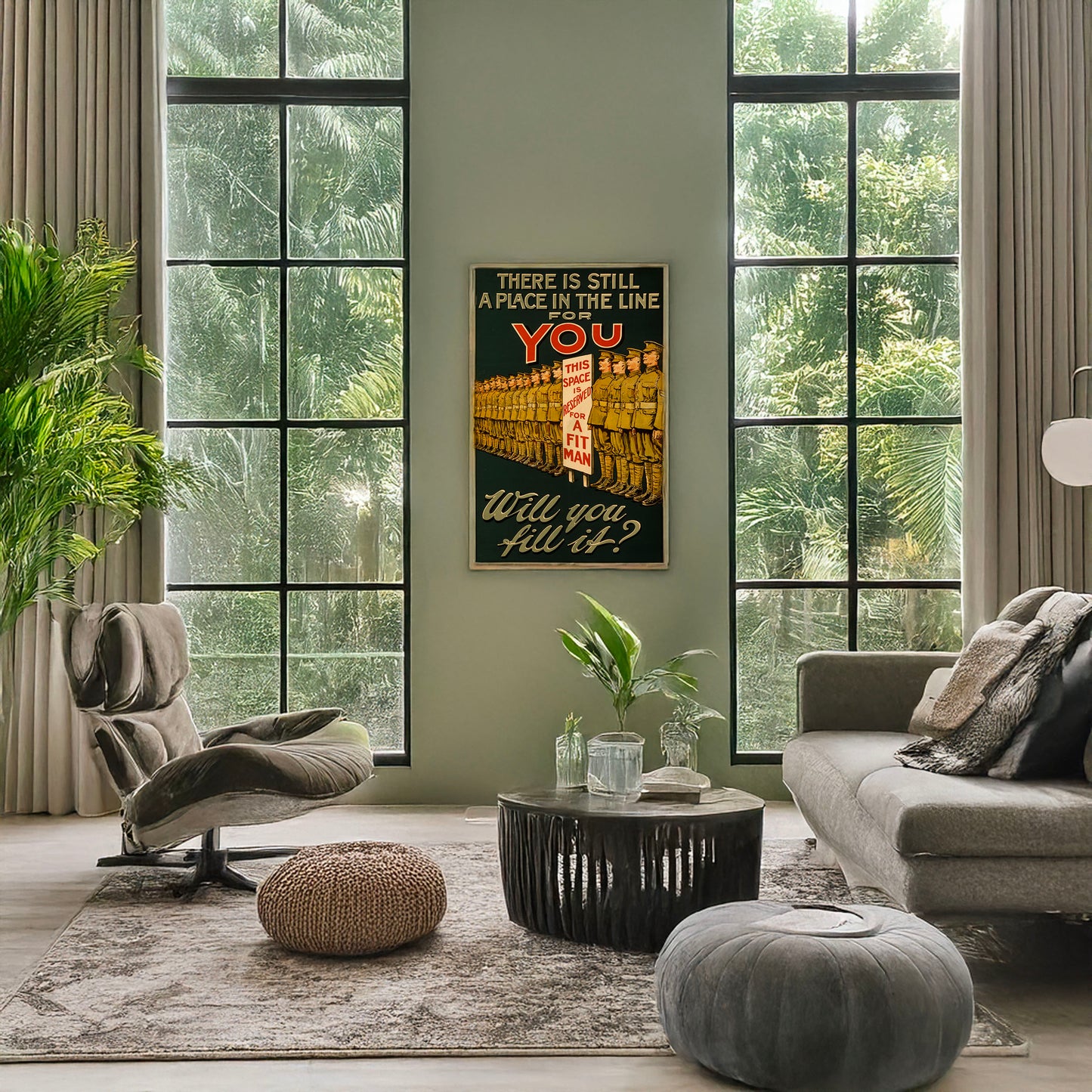 A picture of There is still a place in the line for you. Will you fill it?, a mockup of the print leaning against a wall