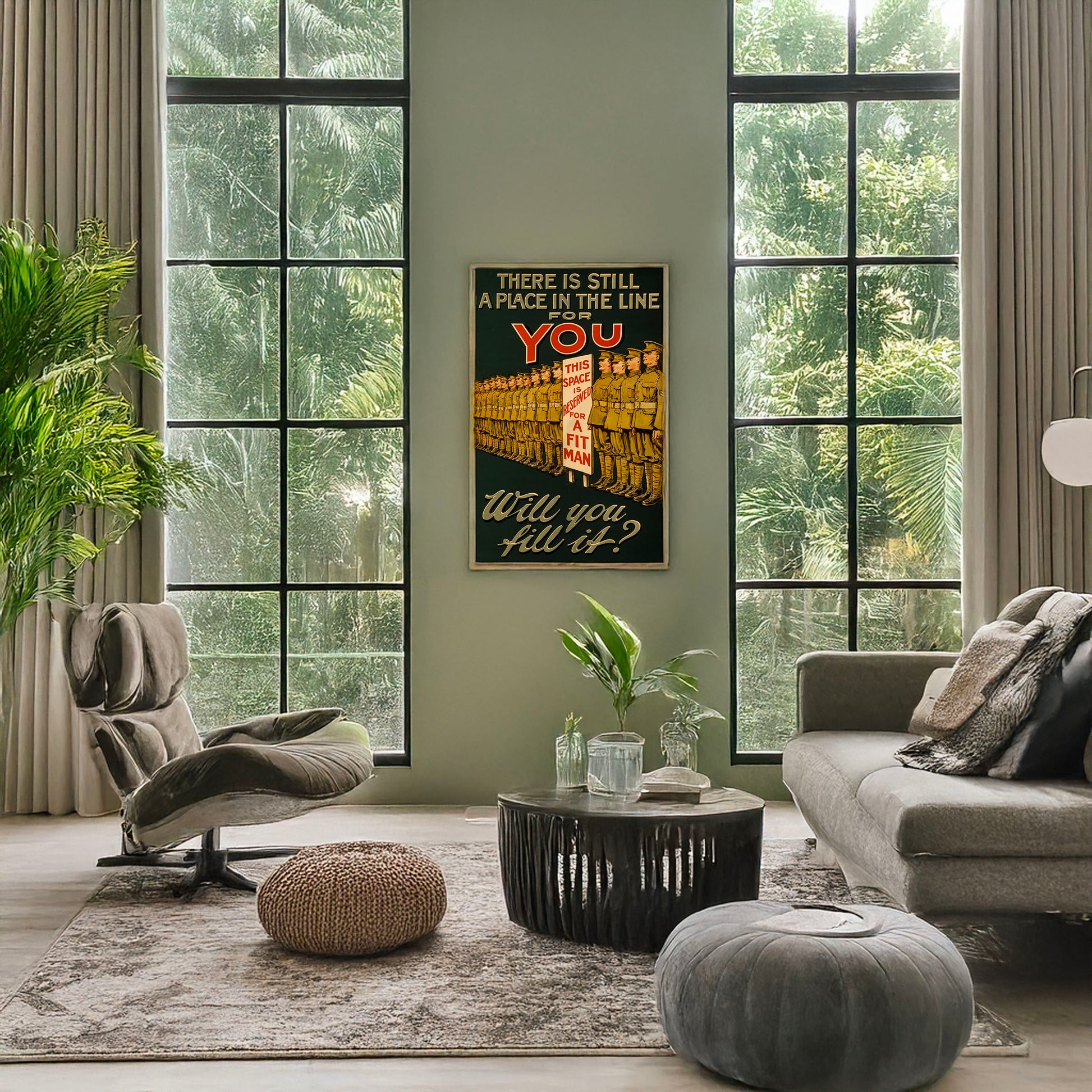 A picture of There is still a place in the line for you. Will you fill it?, a mockup of the print leaning against a wall