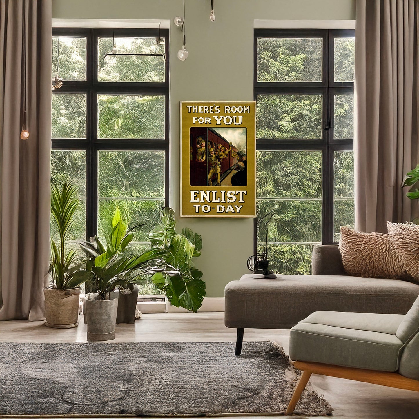 A picture of There's room for you. Enlist to-day, a mockup of the print leaning against a wall