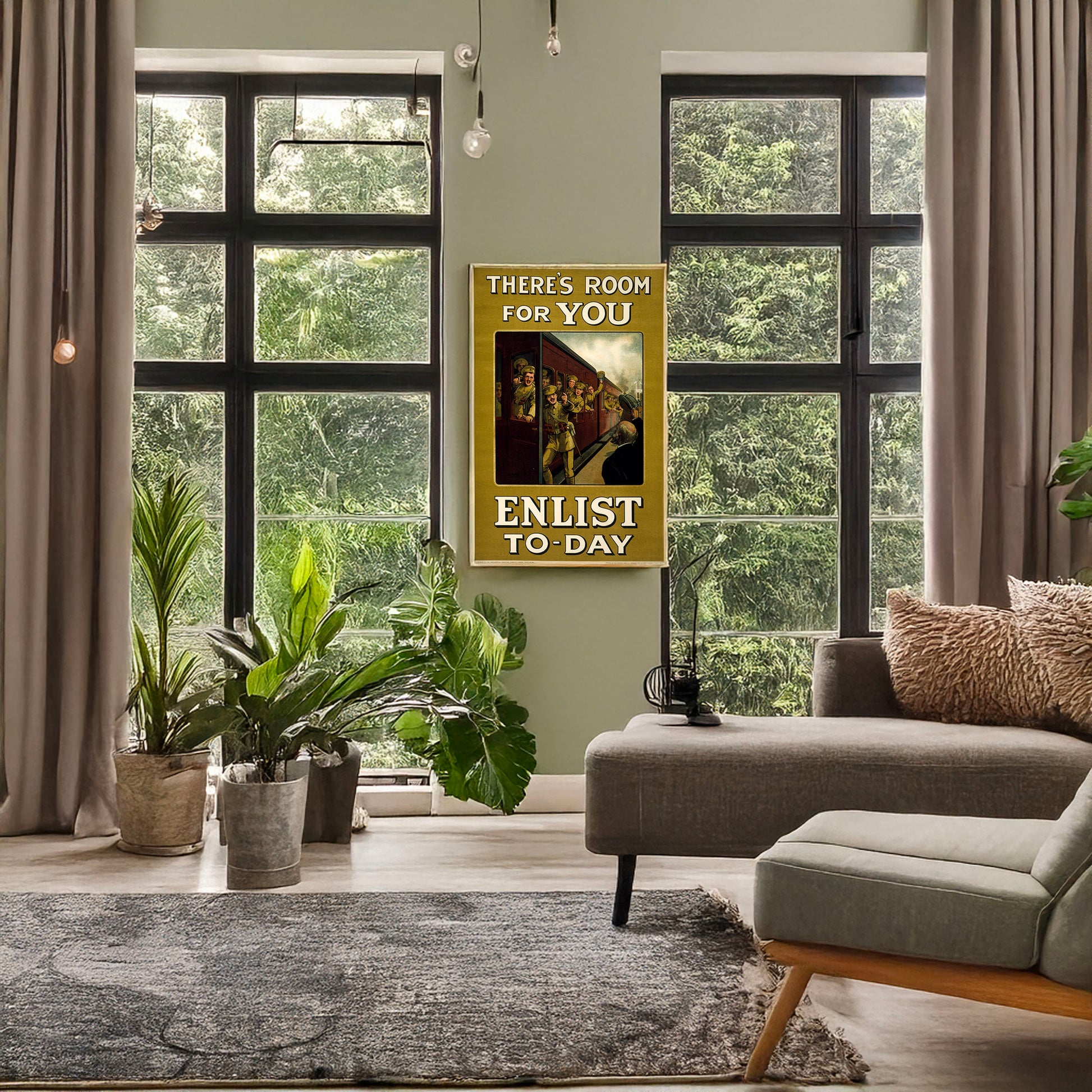 A picture of There's room for you. Enlist to-day, a mockup of the print leaning against a wall