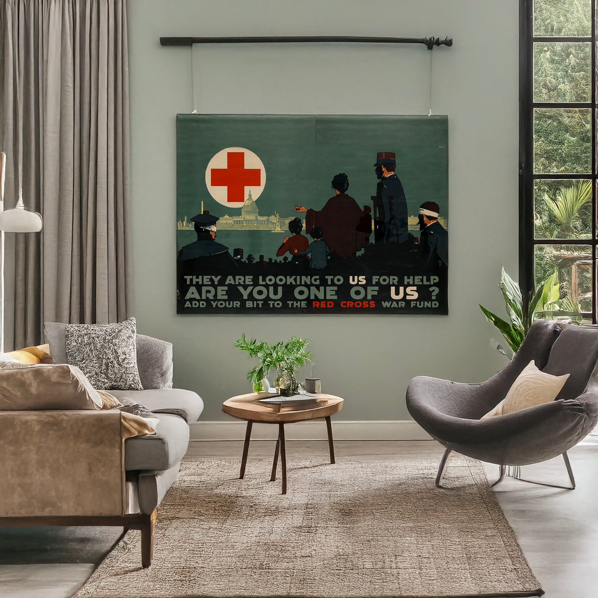 A picture of They are looking to us for help - Are you one of us? Add your bit to the Red Cross War Fund, a mockup of the print leaning against a wall
