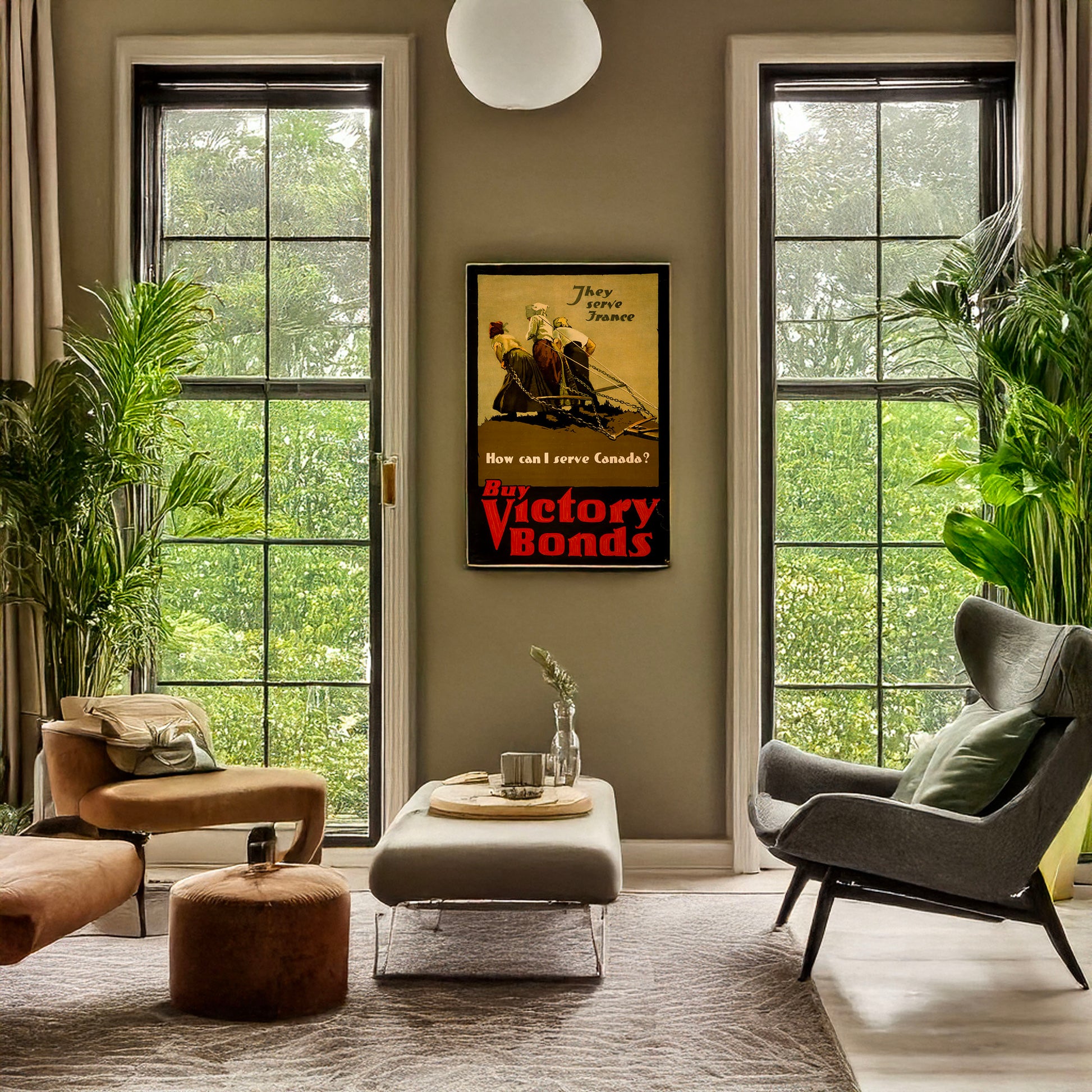 A picture of They serve France--How can I serve Canada? Buy Victory Bonds, a mockup of the print leaning against a wall