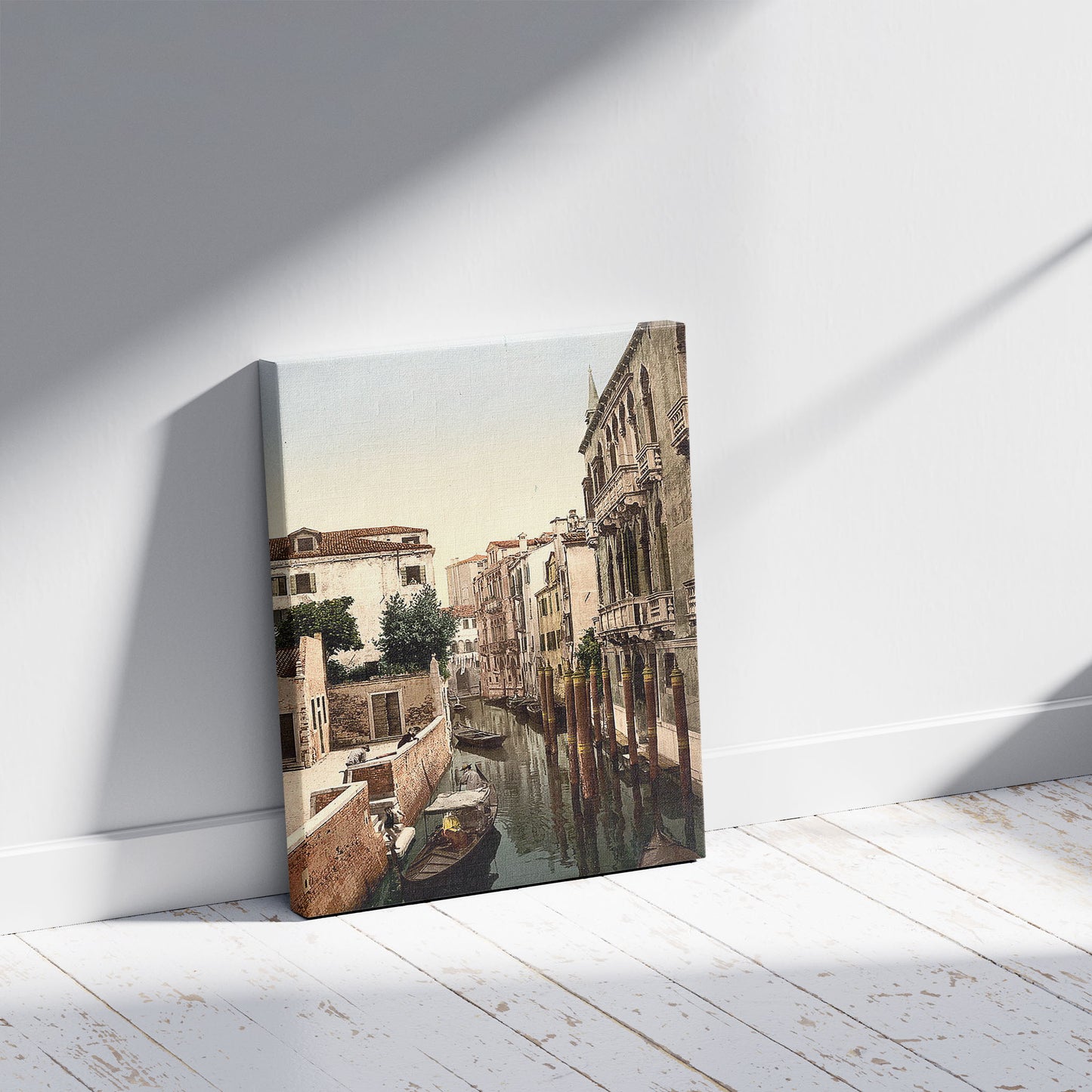 A picture of Three Bridges, Venice, Italy, a mockup of the print leaning against a wall