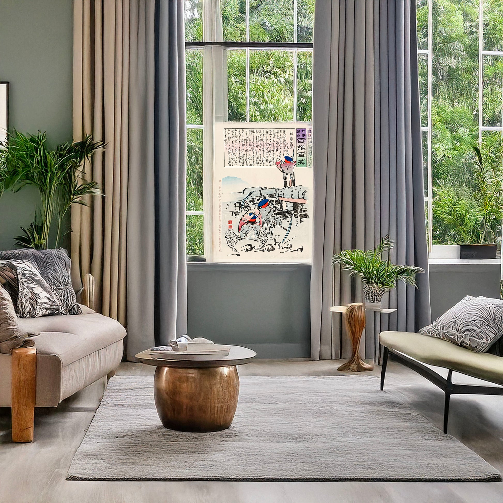 A picture of Three lobster soldiers, two with picks chopping up the ground and the third is standing on the wall of a fort, a mockup of the print leaning against a wall