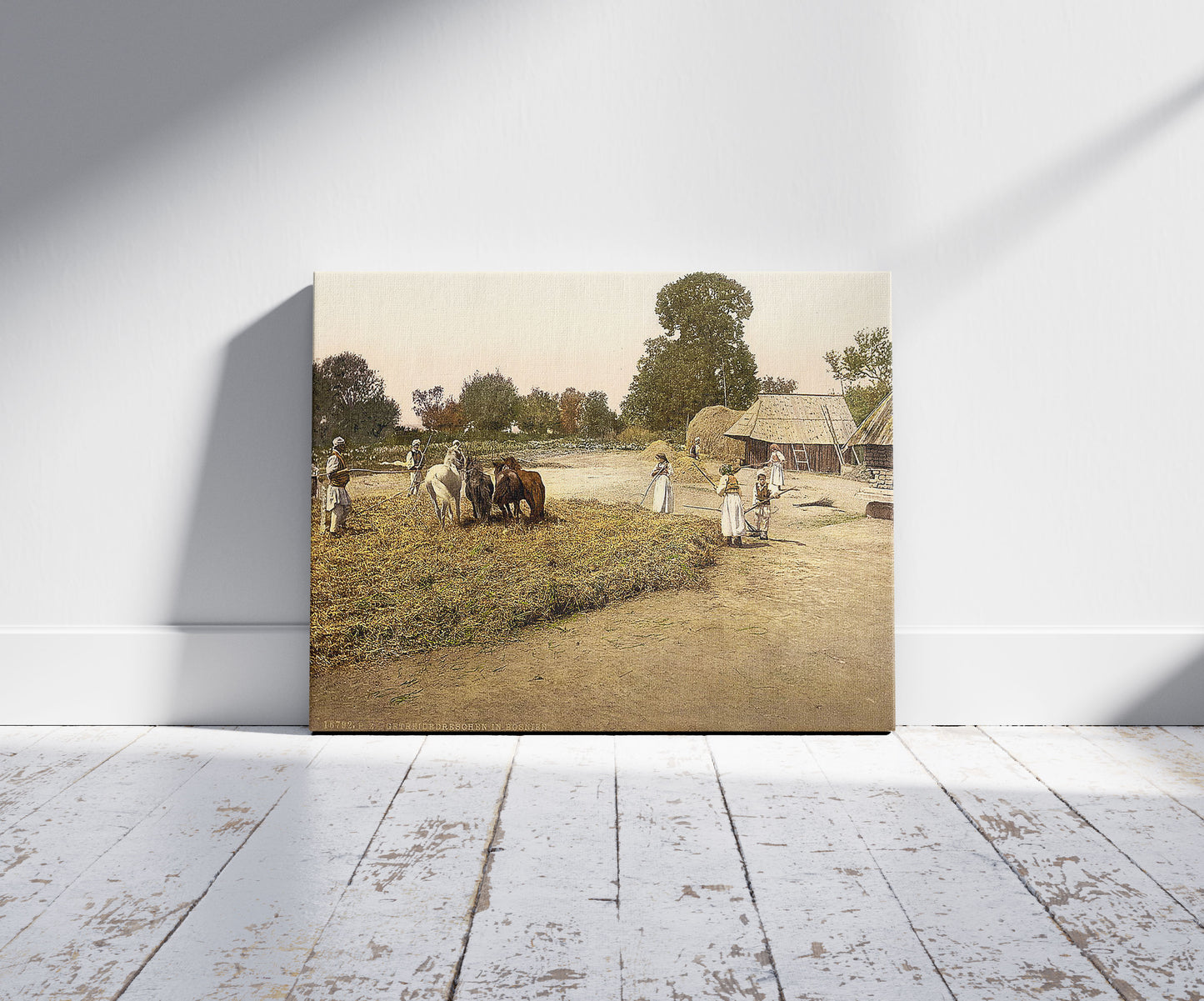 A picture of Threshing grain, Bosnia, Austro-Hungary, a mockup of the print leaning against a wall
