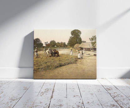 A picture of Threshing grain, Bosnia, Austro-Hungary, a mockup of the print leaning against a wall