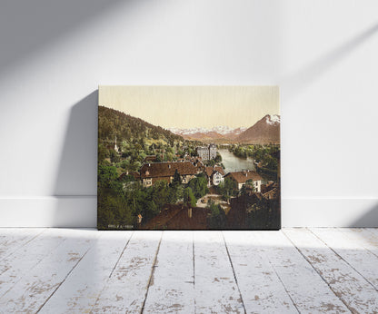 A picture of Thun, general view, Bernese Oberland, Switzerland, a mockup of the print leaning against a wall