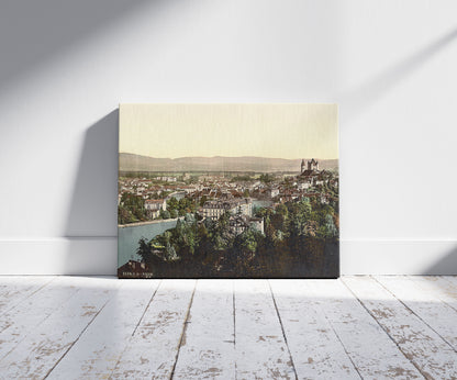 A picture of Thun, general view, Bernese Oberland, Switzerland, a mockup of the print leaning against a wall