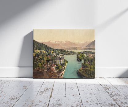 A picture of Thun, general view, Bernese Oberland, Switzerland, a mockup of the print leaning against a wall