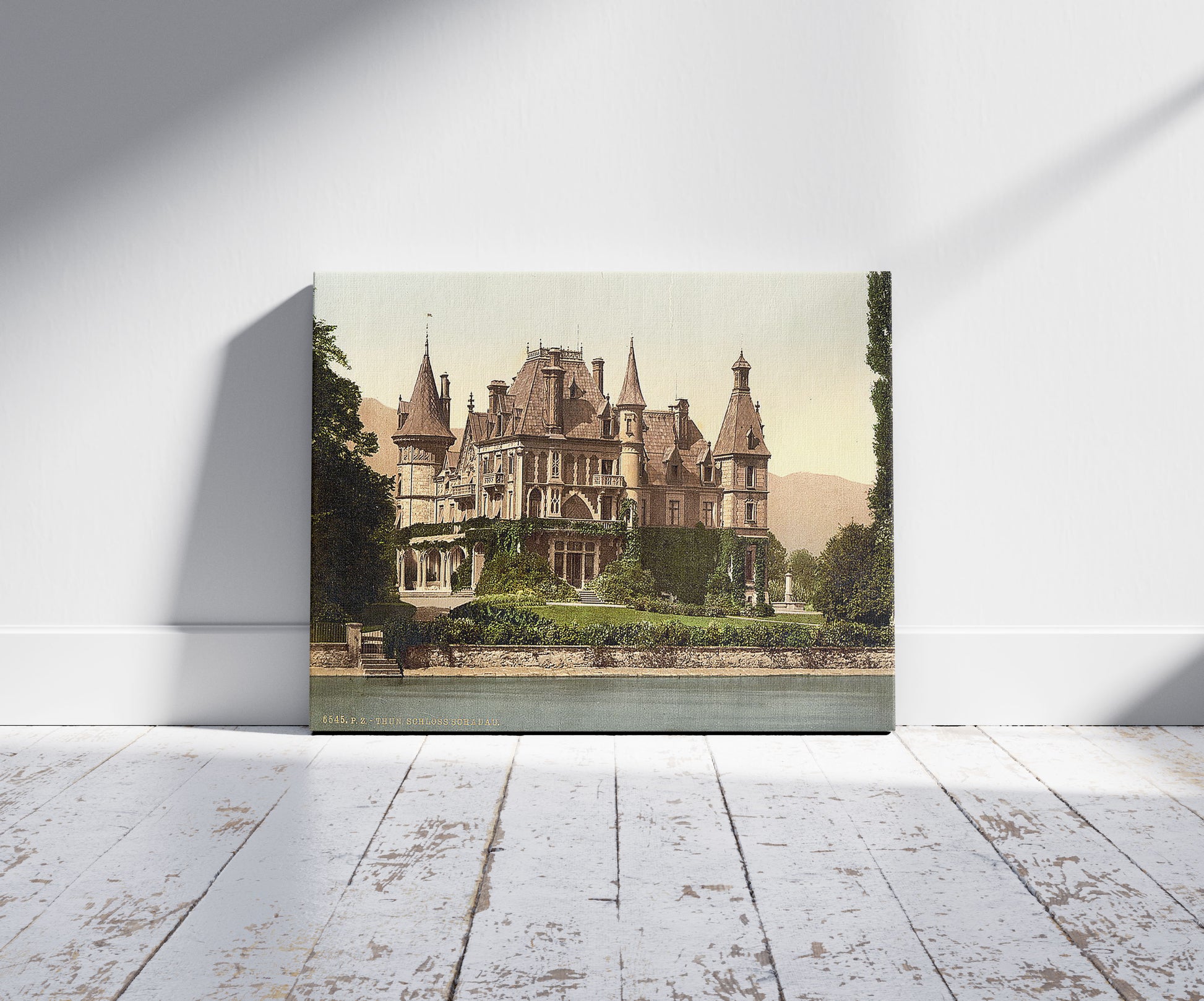 A picture of Thun, Shadau Castle, Bernese Oberland, Switzerland, a mockup of the print leaning against a wall