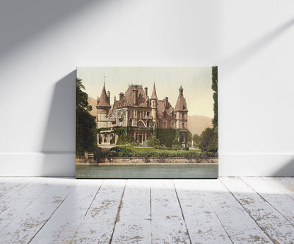 A picture of Thun, Shadau Castle, Bernese Oberland, Switzerland, a mockup of the print leaning against a wall