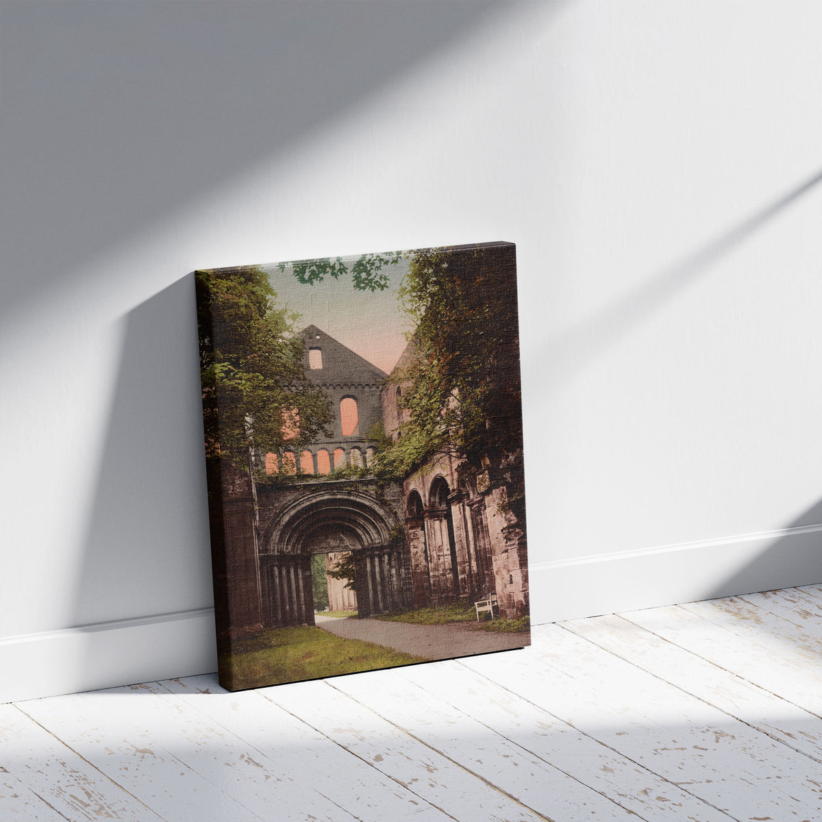 A picture of Thüringen. Klosterruine Paulinzella, a mockup of the print leaning against a wall