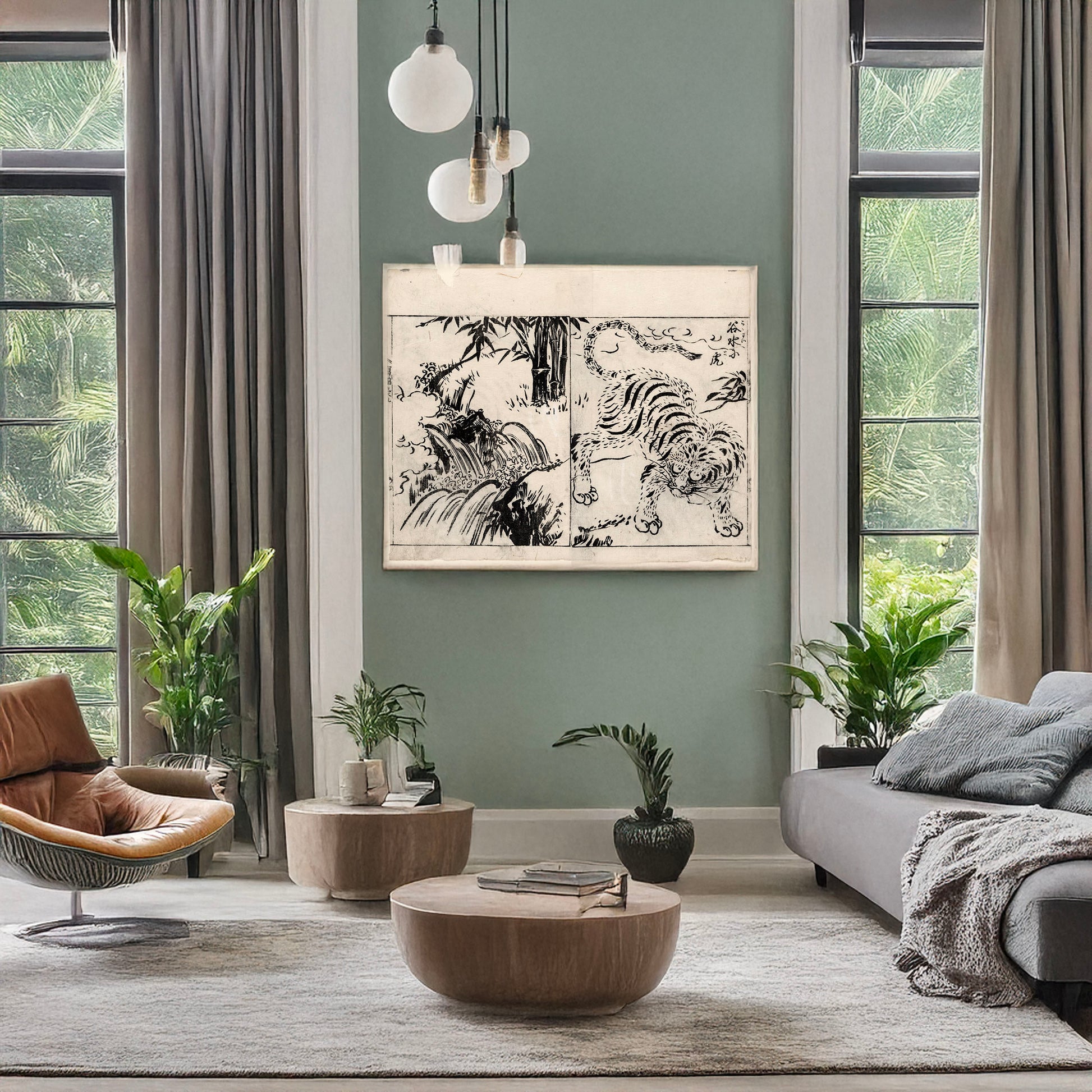 A picture of Tiger near a cataract, a mockup of the print leaning against a wall