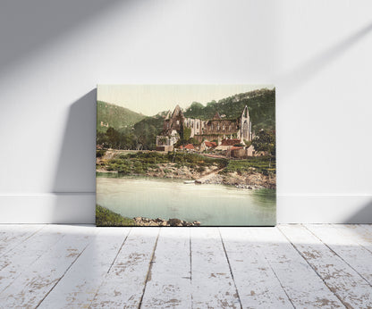 A picture of Tintern Abbey from the ferry, a mockup of the print leaning against a wall